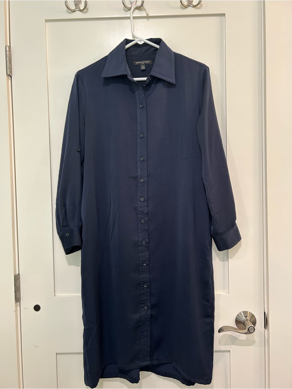 Banana Republic Petite S Navy Blue Midi Shirt Dress Button Front Roll Tab Sleeve